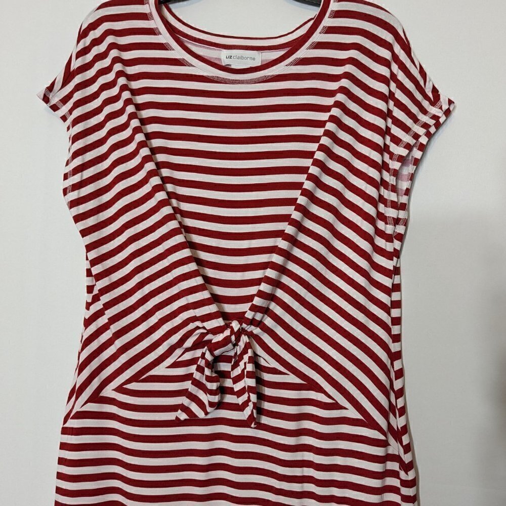 WOMEN'S "Liz Claiborne" Red & White Stripe Rayon Knit Midi Dress; Size L